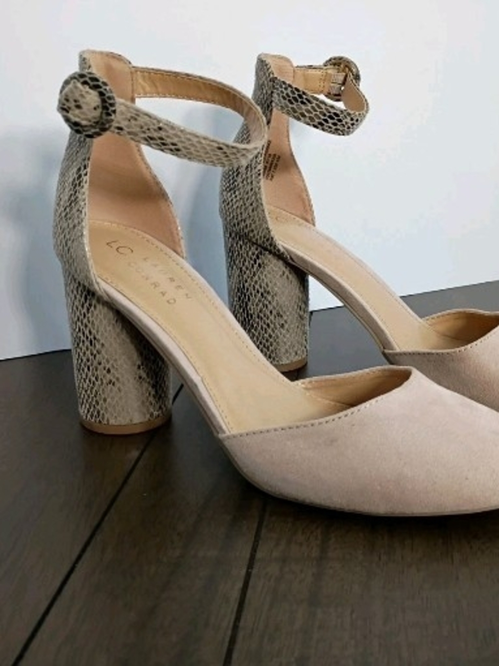 LC Lauren Conrad Blush Suede Pointed Toe Pumps with Snake-Print Ankle Strap